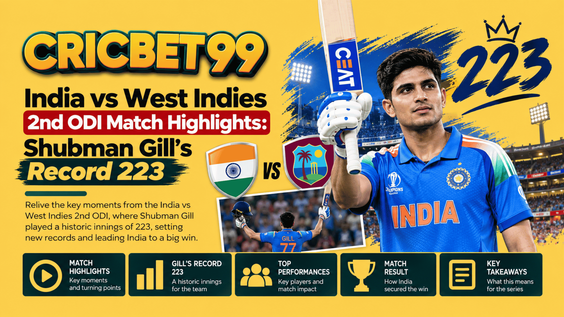 India vs West Indies 2nd ODI Match Highlights Shubman Gill’s Record 223